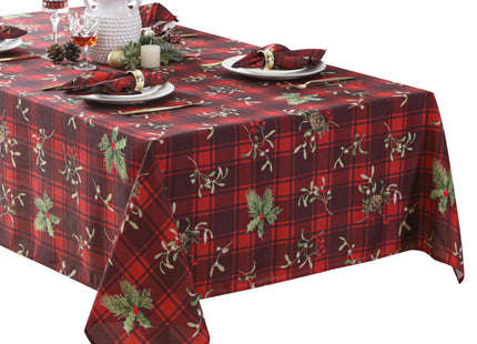 Newbridge Christmas Red Spruce Plaid 60 x 102 Inch Rectangle Fabric Tablecloth – Holly, Pinecones & Evergreen Winter Print, Soil Resistant No-Iron Holiday Dining Table Cover