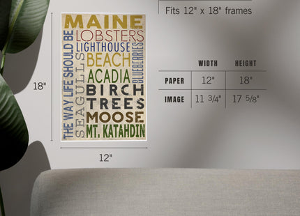 Lantern Press Maine, Typography, 12x18 Inch Art Print, Home Decor⁠