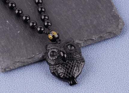 ASGIFT Cute Owl Necklace Black Obsidian Owl Animal Protection Pendant with Adjustable Bead Chain Good Luck Owl Necklace Jewelry Gift for Women Men