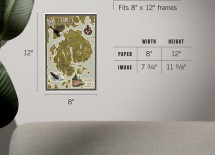 Lantern Press Acadia National Park, Maine, Map, 8x12 Inch Art Print Wall Decor