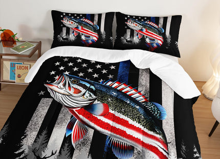 HOSIMA Soft Microfiber Black King Size Comforter Set with 2 Pillowcases,American Flag Striped Bass Pattern Bedding Sets,Fishing Comforter Kids Men Boys Room Decor,Room Essentials for Men.
