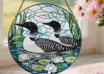 8-Inch Loon Birds Stained Glass Suncatcher Ornament, Stained Glass Window Hanging, Window Hanging Decor – Christmas, Birthday | Gifts for Bird Lover, Friend, Couples, Family | Holiday Decorations