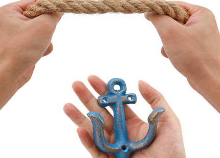Beach Nautical Toilet Paper Roll Holder Coastal Wall-Mounted Rope Towel Holder with Metal Hook for Bathroom Decor Accessories, Natural Rustic Jute Rope with Anchor Pirate Seaside Themed (Blue)