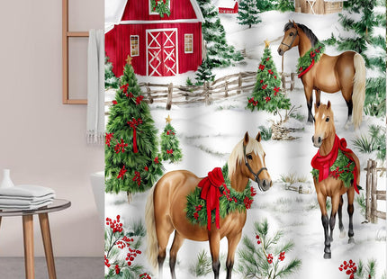 Christmas Horse Shower Curtain Winter Barn Xmas Tree Fence Pine 72x72 IN