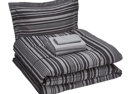 Amazon Basics 5-Piece Lightweight Microfiber Comforter Set with Sheets, Bed-in-a-Bag, Gray Calvin Striped Bedding, Twin/Twin XL