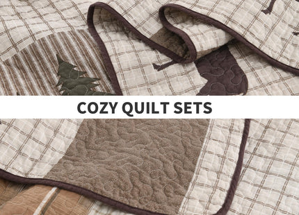 PERHOM Quilt King Size, 100% Cotton King Size Quilt, Lodge Cabin Farmhouse King Quilt, Brown Beige Green Plaid Lightweight Soft Quilted Bedspread Sets for All Season, 3 Pieces