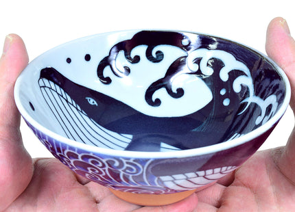 Mino Ware Japanese Rice Bowl, Rice Ramen Noodle Soup Sarada Pasta, Wave Whale Chawn, 5.7 inch 17.5oz Set of 2
