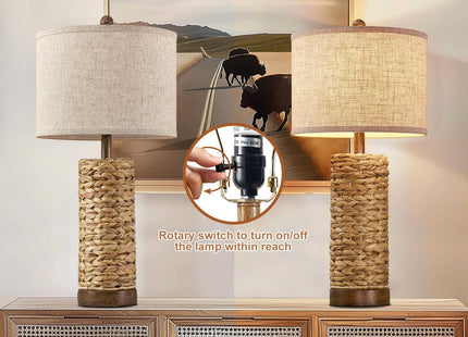 BOWOBO 27.5'' Tall Natural Rattan Table Lamps Set of 2, Hand - Woven Wicker Lamp with Linen Shade, Rustic Coastal Boho Style Table Lamps for Bedroom, Living Room, Home Decor