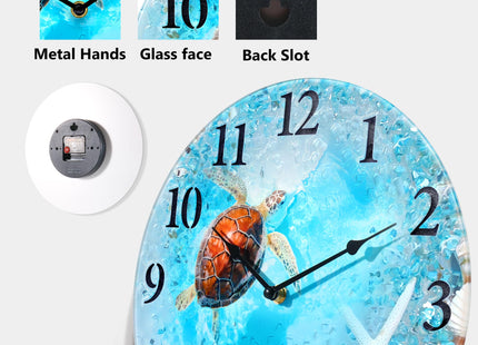 Coastal Turtle Wall Clock 12in Blue Beach Glass Silent Bathroom Home Decor