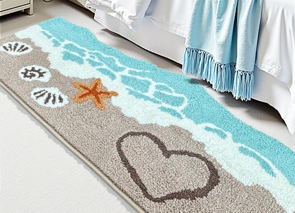 Beach Bathroom Rugs Soft Absorbent Ocean Wave Bath Mat with Non-Slip Backing Coastal Decor for Bathroom Kitchen Entryway, Blue Sea Design with Starfish Shells Pattern Bath Decor (C, 24"x47")
