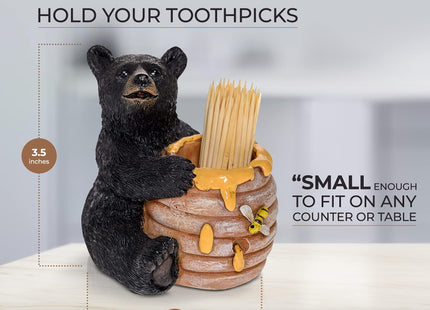 Pine Ridge Black Bear Toothpick Holder, Rustic Walking Bear Kitchen Bamboo Wooden Toothpicks Storage Decor