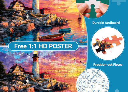 ZHISEOYI 500 Piece Jigsaw Puzzle for Adults, Lighthouse Sunset Ocean Scene with Dog and Seagull, Seascape Puzzle for Game Nights and Home Decor, 20.5 x 15 in