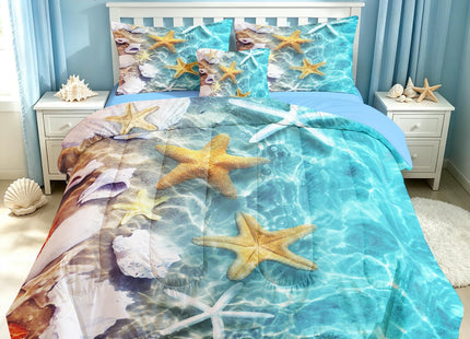 BDUCOK 6 Pieces Ocean Beach Themed Comforter Set Full Size, Coastal Water Print Bed in a Bag with Starfish Seashell Pattern, Soft Microfiber Bedding Set All Season 3005Full