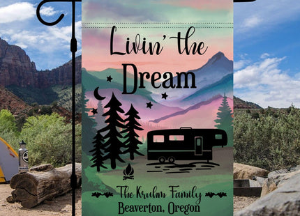 Personalized Camper Garden Flag for Campsite, Custom Outdoor Camping Decoration Sign, Unique Yard Decor for RV Travel Trailer, Motorhome, Tent, Camping Enthusiasts (Solid Fifth Wheel Camper)
