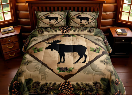 Farmhouse Moose Comforter Set Wild Animal Silhouette Rustic Style Bedding Comforter for Kids Teens Adults Jungle Cartoon Pine Cones Green Leaves Quilt Duvet Set with 2 Pillowcases Queen Size 3 Pcs