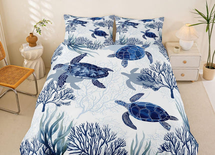 Turtle Bedding Set King Nautical Coastal Bedding,White Blue Sea Turtle Comforter Cover for Kids Boys Girls,Reptile Tortoise Duvet Cover Ocean Beach Theme Quilt Cover Kawaii Sea Animal Bedspread Cover