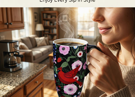 Topadorn 17oz Ceramic Travel Mug with Lid, Red Cardinal Bird Coffee Mug