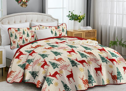 Dinjoy Quilt Set Queen Christmas,Red Beige Bedspreads Holiday Bedding Set Queen Size 3 PCs Xmas Tree Reindeer Snowflake Rustic Lodge Coverlet Set Gifts for Family Bed 90" x 96"