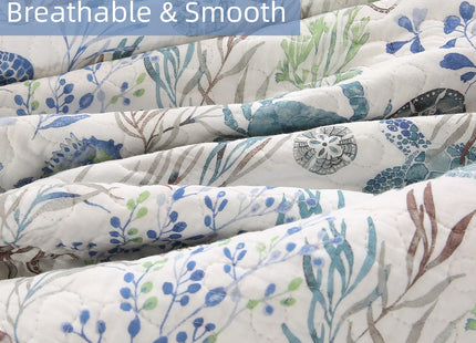 SUCSES 3Pcs Ocean Quilts Queen Size Cotton Coastal Quilt Bedding Set with Sea Turttle Seahorses Pattern Soft Oversized Bedspread Coverlet with 2 Shams for Beach Theme Room Decor