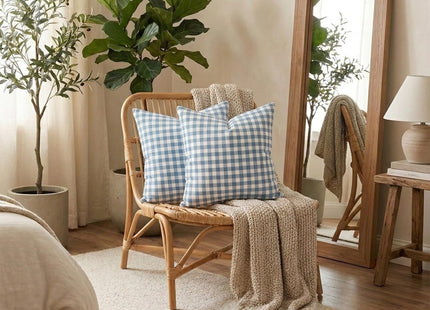 Light Blue Outdoor Gingham Throw Pillow Covers 18x18 Set of 2,Coastal Decor