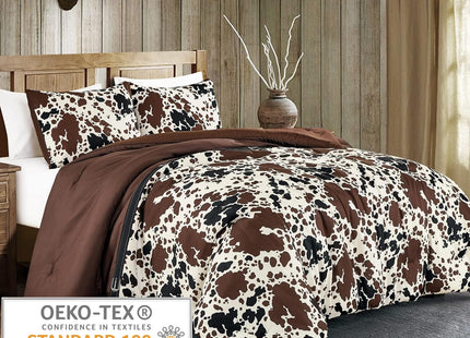 Cow Print Comforter Western theme cowboy Set Milk Cow Print brown black cream color ranch farmhouse rustic lodge Bedding Reversible matching pillow shams included western comforter set queen (Queen)