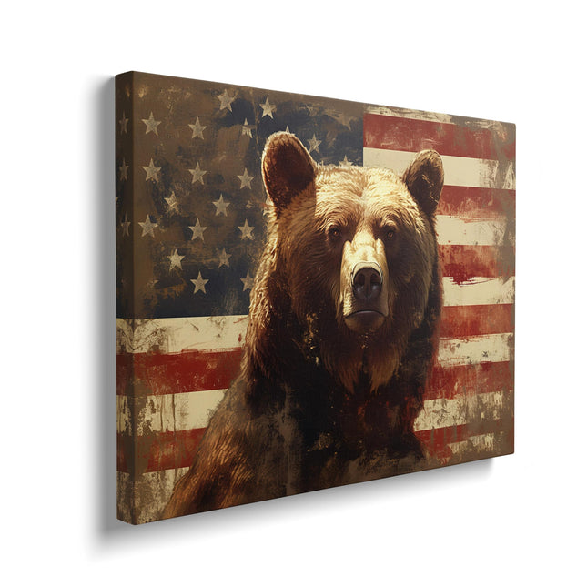Bear Canvas Wall Art Old Vintage American Flag Bears Painting Bear Pictures Framed for Kitchen Bathroom Bedroom Living Room Office Retro Modern Home Wall Decor 12"x16"