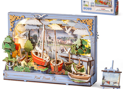 Wowood 3D Wooden Puzzles for Adults - Monet DIY Model Building Kits Ship Crafts with LED Light - Home Decor, Wall Art & Unique Creative Gifts for Art Lovers (Red Sailboat)