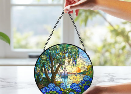LIANGEAGOM Rustic Beach Sunset Stained Glass Window Hanging, Window Hanging Decor, Sailboat Hydrangea Sailboat Stained Glass Suncatcher Decor Birthday for Mom Men Woman Friend, 7.9x7.9inch