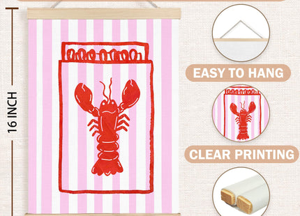 Trendy Retro Red Lobster Coastal Wall Art Decor, Beachy Room Decorative Aesthetic, Preppy Pink Striped Lobster Seafood Lover Nautical Wall Decor Posters for Home Kitchen Dining Room, 12x16 Inch