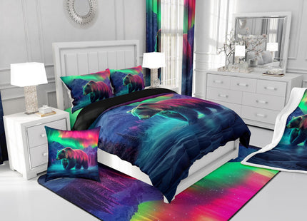 Erosebridal Aurora Bear Toddler Bedding Set,Mountain Snow Scene Comforter Set for Kids,Northern Lights Quilt Bed Set Cabin Pine Tree Bed Comforter Sets with 1 Pillowcase Room Decor