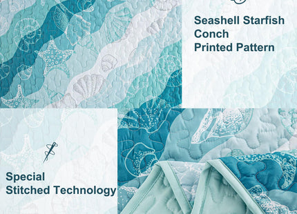 Dinjoy Coastal Quilts King Size, Blue Green Ocean Beach Themed Bedding Set
