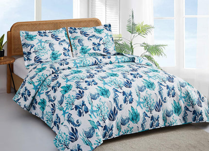Hailea Beach Quilt Sets Full/Queen Size Ocean Theme Bedspread Coastal Bedding Set Blue Seahorse Starfish Shell Quilts Lightweight Reversible Bed Coverlet Soft Summer Bed Cover with 2 Pillowshams