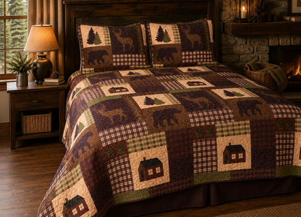 Rugs 4 Less Rustic Western Lodge Quilted Plaid Reversible Bedspread Set with Wildlife Imagery of Grizzly Bear Elk Buck and Pine Trees in Dark Brown - Alpine Trail (King/Cal-King)