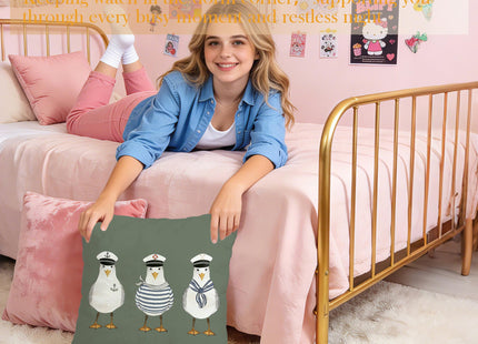 JLLBF Olive Green Nautical Throw Pillows Cover 18x18 Double-Sided, Coastal Blue Pillow Covers, Funny Seagull Decor for Home Bedroom Couch Bed, Summer Bathroom Decor