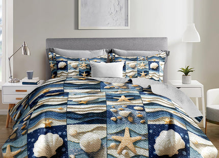 QOOMO Coastal Quilt Set Full Queen Size, 3 Pieces Summer Seashell Starfish Printed Bedspreads Coverlet Set, Soft Microfiber Lightweight Beach Nautical Bedding Set with 2 Pillowcases for All Season