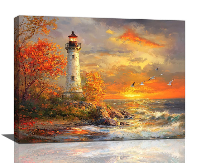 Lighthouse Wall Art, Coastal Nautical Lighthouse Pictures Wall Decor, Ocean Sunset Seagull Canvas Prints Paintings,Framed Artwork For Bathroom Living Room Office Bedroom Kitchen Dining room16 x12