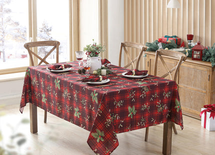 Newbridge Christmas Red Spruce Plaid 60 x 102 Inch Rectangle Fabric Tablecloth – Holly, Pinecones & Evergreen Winter Print, Soil Resistant No-Iron Holiday Dining Table Cover