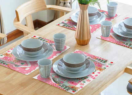 Christmas Gingerbread Placemats Set of 4 18x12 Inch Gingerbread House Xmas Tree Pink Linen Place Mats Heat-Resistant Wipeable Winter Holiday Table Mat for Party Kitchen Dining Room Dinner Table Decor