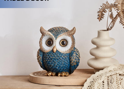 FJS Blue Gold Owl Figurine Modern Owl Statue Home Decor Accent