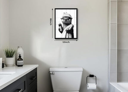 Funny Otter Bathroom Wall Art, Otter Getting Ready for Bath Canvas Print, Framed Black and White Farmhouse Decor for Bathroom Restroom Guest Bath, 12x16 Inch