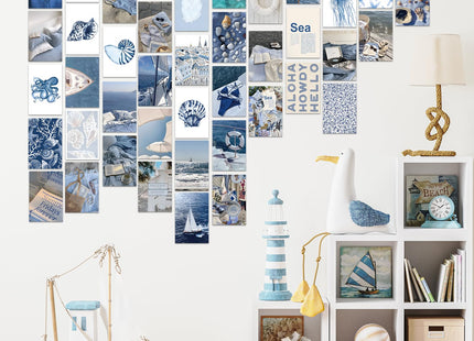 FYSUIMU 50Pcs Coastal Wall Collage Kit Art Print Aesthetic Blue Coastal Beach Surf Wall Decor for Bedroom Dorm Preppy Room Home Decor, 4 x 6 Inch