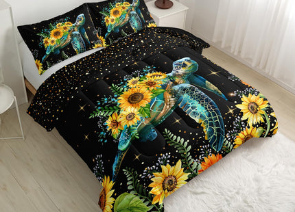 CVHOUSE Sea Turtle Comforter Set Twin Size,Ocean Turtle Sunflower Bedding Set for Kids,Ocean Turtle Sunflower Quilt Set Turtle Duvet Set Coastal Bedroom Decor 3 Pieces