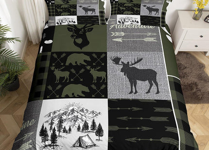 Hunting Rustic Lodge Bedding Set Twin, Deer Bear Patchwork Duvet Cover Retro Cabin Lodge Comforter Cover For Kids Teens Adult Men, Camping Moose Elk Quilt Cover With 2 Pillow Cases, Grey Black