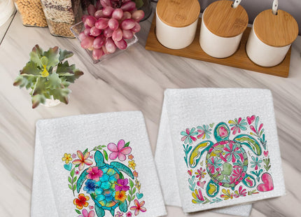 Qabliqo Boho Floral Sea Turtle Beach Kitchen Dish Towels, Gifts for Turtle Lovers, Coastal Nautical Ocean Animal Decorative Hand Towels for Bathroom Kitchen Decor, 16x24 Inch Set of 2