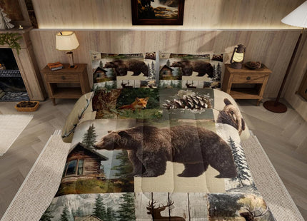 Feelyou Bear Comforter Cover Toddler Size Cabin Bedding Set Wild Animal Hunting Quilt Set for Kids Boys Teens Room Decor Western Rustic Farmhouse Duvet Cover Green Beige