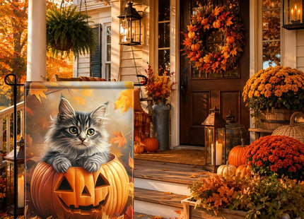 BlissYard Halloween Garden Flag 12x18Inch Maine Coon Cat Pumpkin Fall Decor