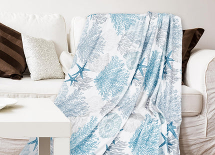 JarThenaAMCS Coastal Ocean Fuzzy Blanket Coral Seashell Starfish Throw Blanket Beach Sea Cozy Flannel Blanket for Summer Home Bed Sofa Couch Chair Nautical Decor, 70 x 60 Inch