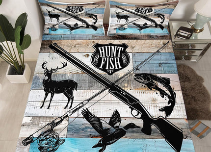 Castle Fairy Hunt Fish Twin Bed Sheet Set,Deer Bird Fish Animal Hunting,Bedding Deocr Set with 1 Flat & 1 Fitted Sheet with 1 Pillow Sham,Rustic Retro Wooden Board Kids Boys Room Mattress Protector