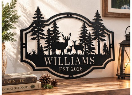 Custom Deer Family Name Sign, Personalized Deer Forest Cabin Metal Sign