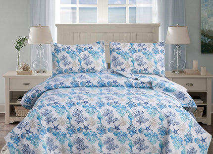 Queen Size Coastal Quilt Bedspread - Lightweight Summer Bedding with Starfish, Shell, Seahorse Design - Reversible, Home Ocean Quilt Collection